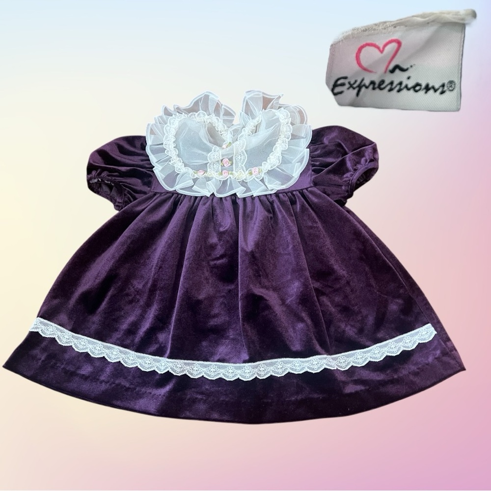2000's Expressions Short Bubble Sleeve Plum Velour Dress w/ Ivory Collar 24mths